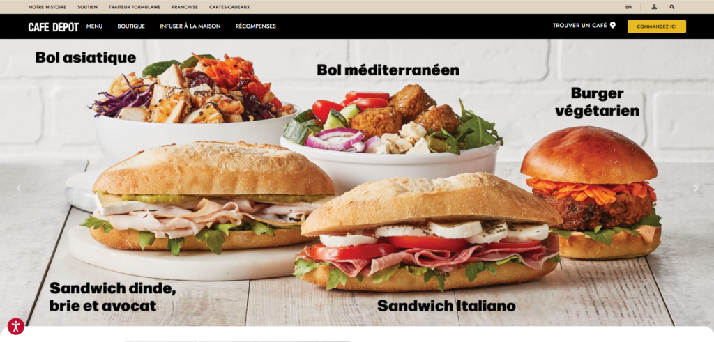 Page d'accueil du site web café dépot