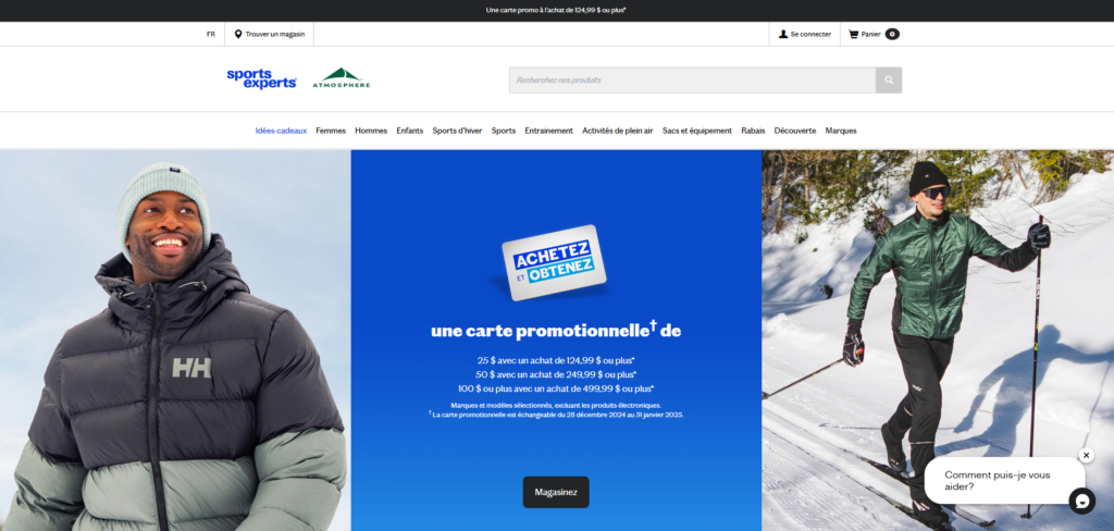 Page d'accueil du site web de sports experts